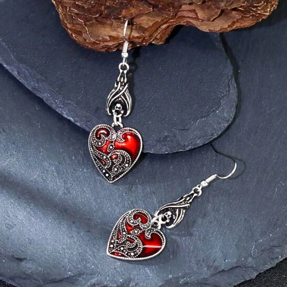 Antiqued Silver/Red Lacquer Heart Drop Earrings - Picture 4 of 7